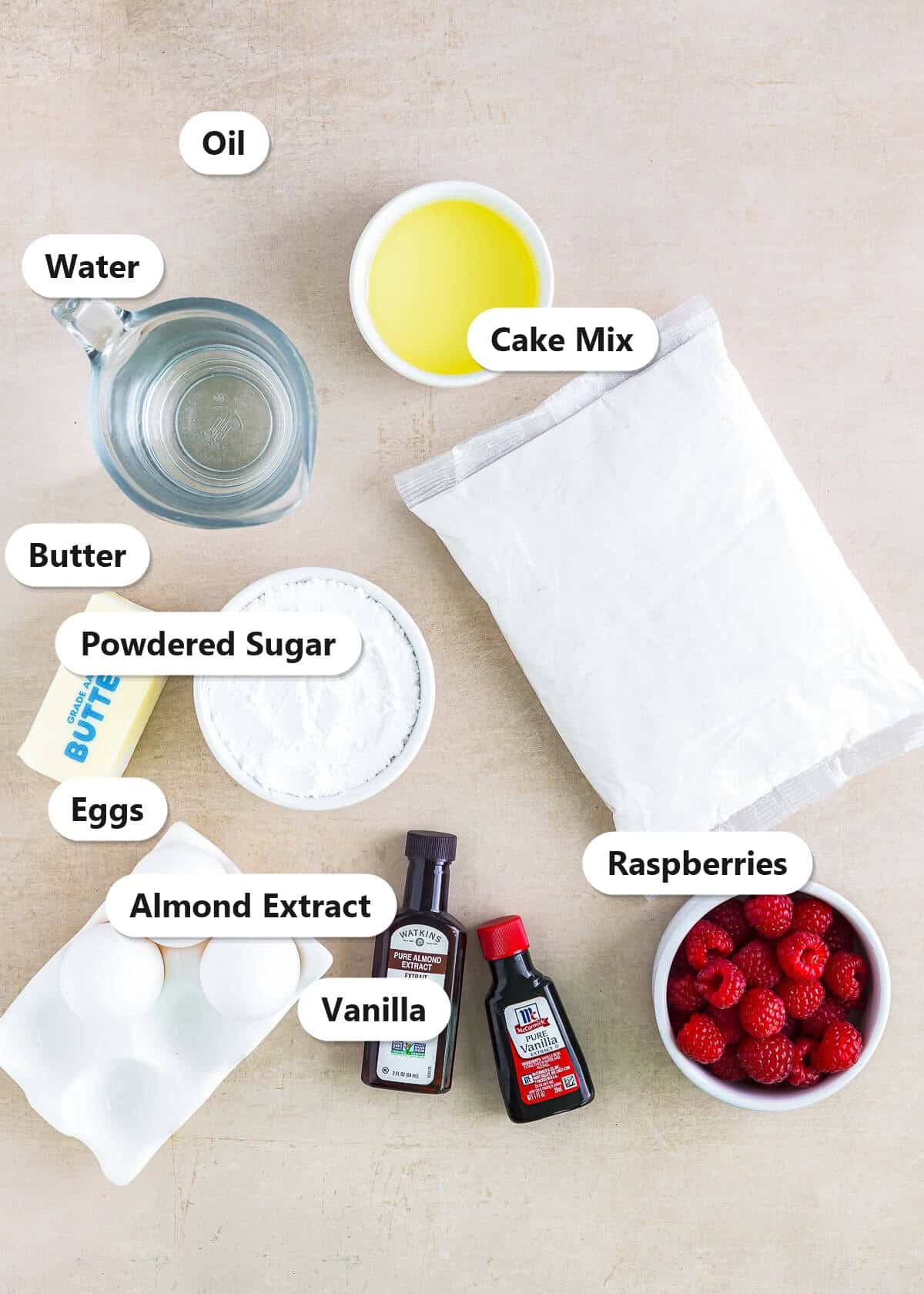 Labeled raspberry almond cupcakes ingredients including white cake mix, water, oil, eggs, almond extract, butter, powdered sugar, vanilla, and fresh raspberries.
