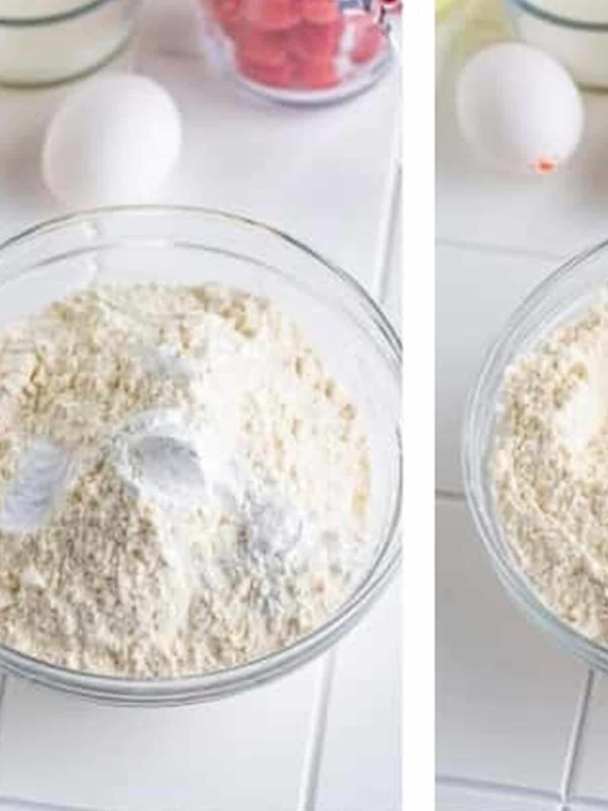 Flour, baking powder, baking soda, and salt whisked in a glass bowl.