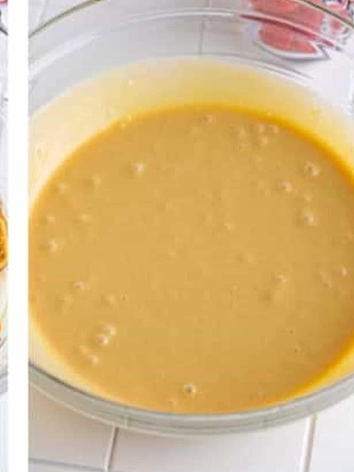 Brown sugar, sour cream, eggs, oil, and vanilla in a bowl for the muffin batter.
