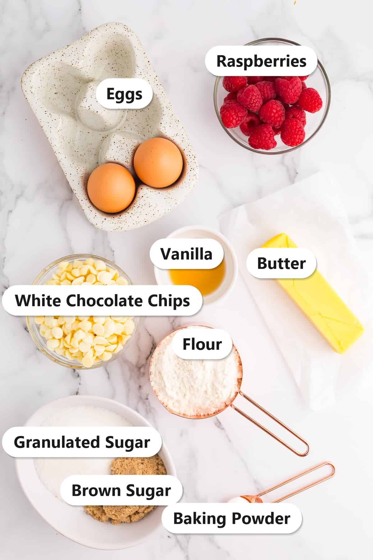 Labeled ingredients to make raspberry white chocolate blondies.