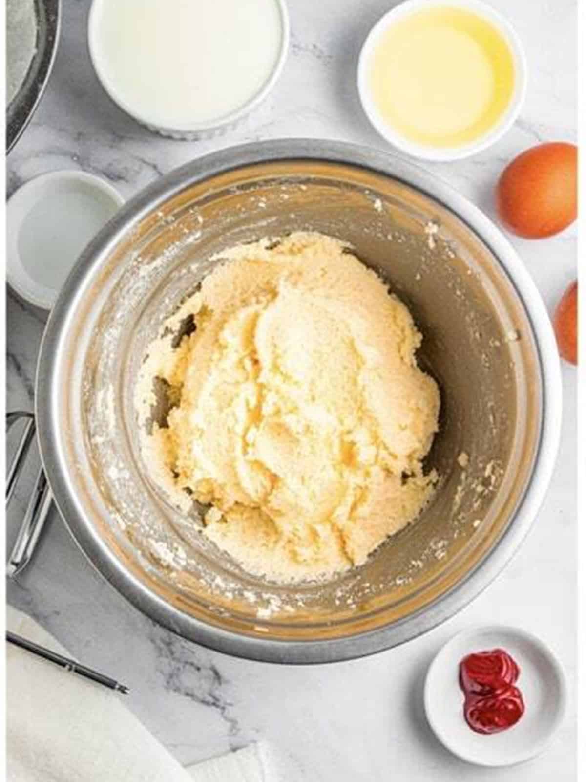 Butter and sugar creamed together until pale and fluffy.