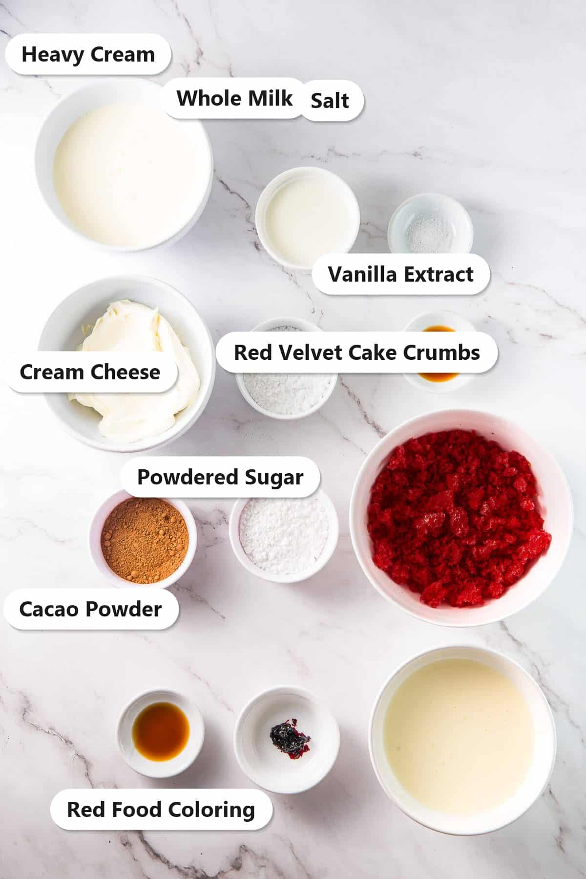 Labeled ingredients for homemade red velvet ice cream including cream cheese, heavy cream, whole milk, powdered sugar, cacao powder, red velvet cake crumbs, vanilla extract, salt, and red food coloring.