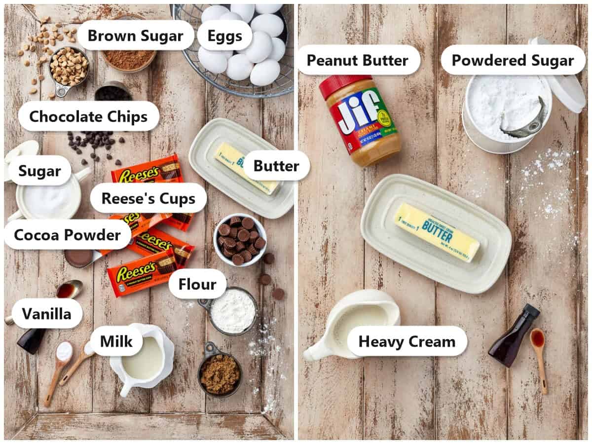 Labeled Reeses cookies ingredients including Reeses cups, peanut butter, cocoa, butter, and chocolate chips.