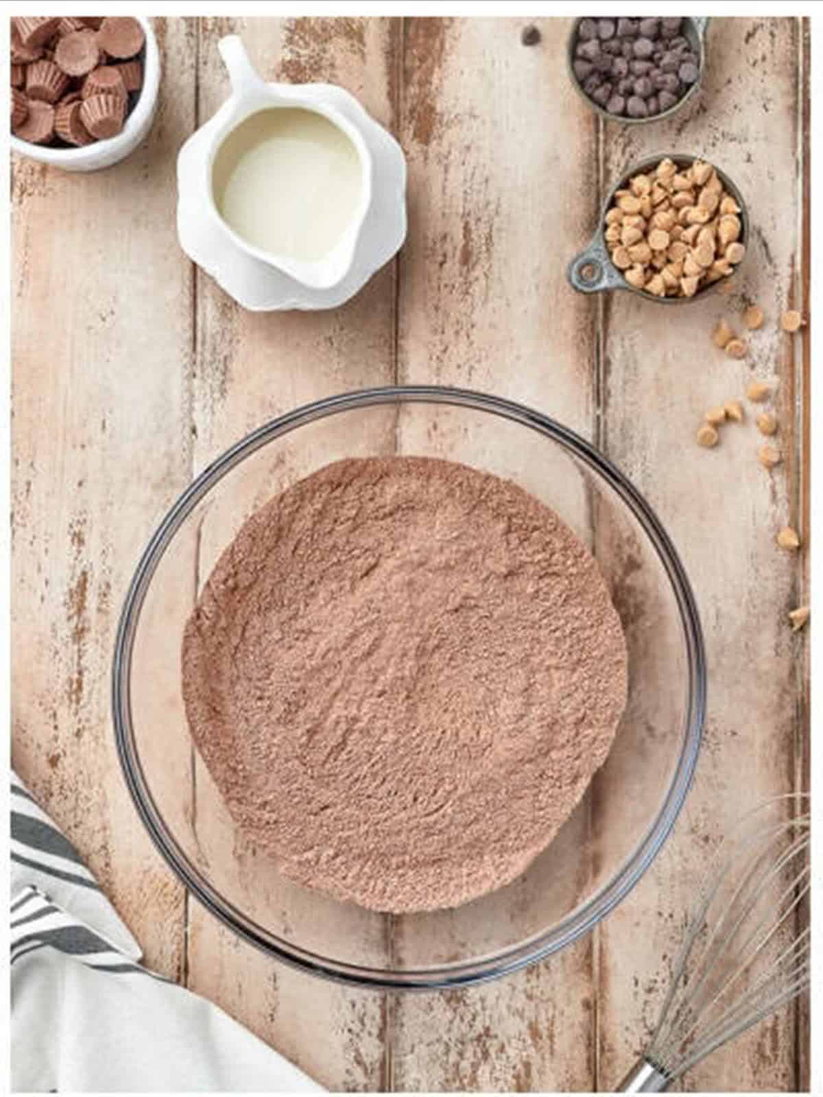 Adding cocoa and dry ingredients for Reeses cookies.