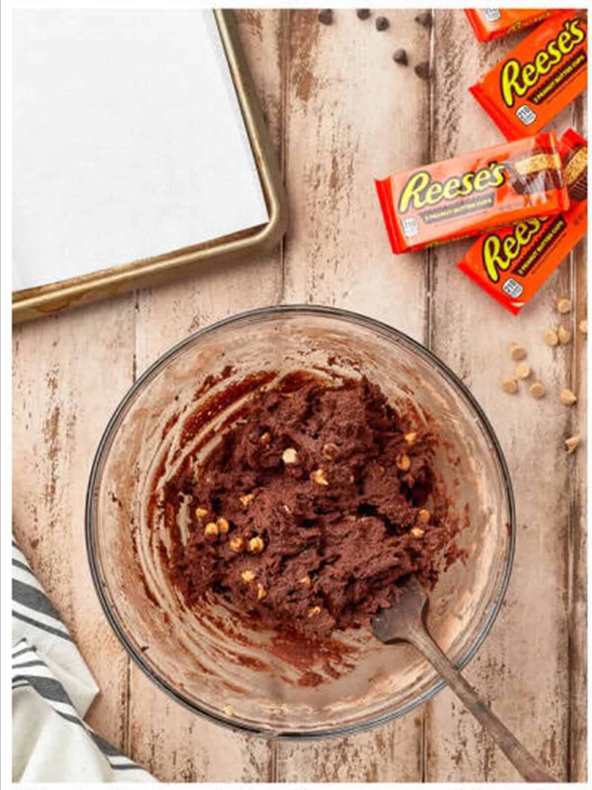 Chocolate peanut butter cookie dough for Reeses cookies.