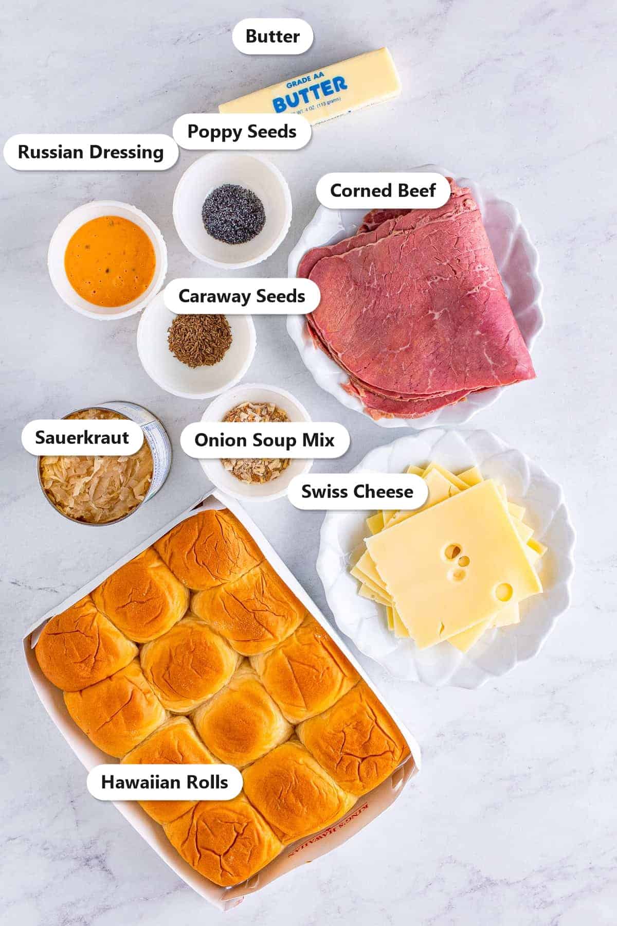 Labeled ingredients for reuben sliders including Hawaiian rolls, corned beef, swiss cheese, sauerkraut, Russian dressing, butter, onion soup mix, caraway seeds, and poppy seeds.