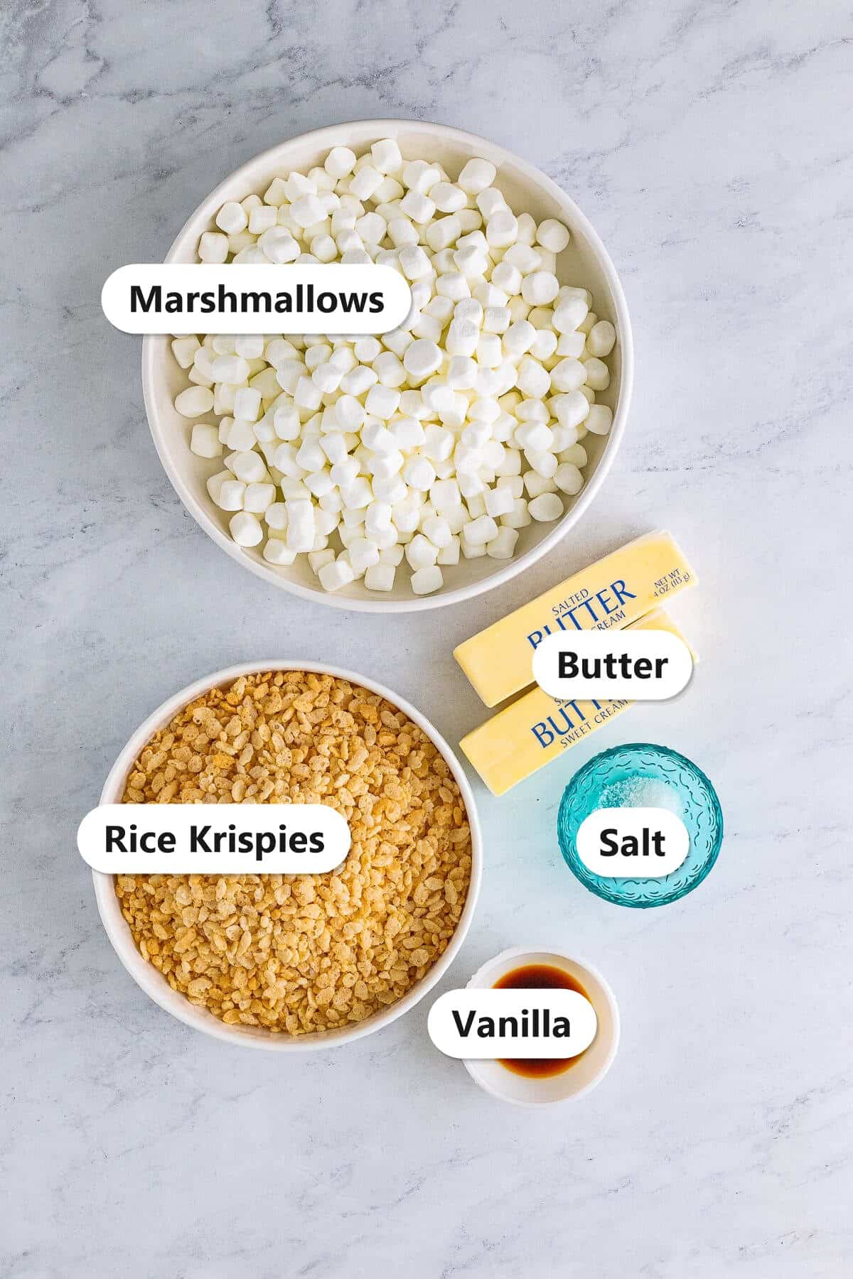Rice Krispie Treats ingredients labeled: mini marshmallows, rice krispies cereal, butter, salt, and vanilla.