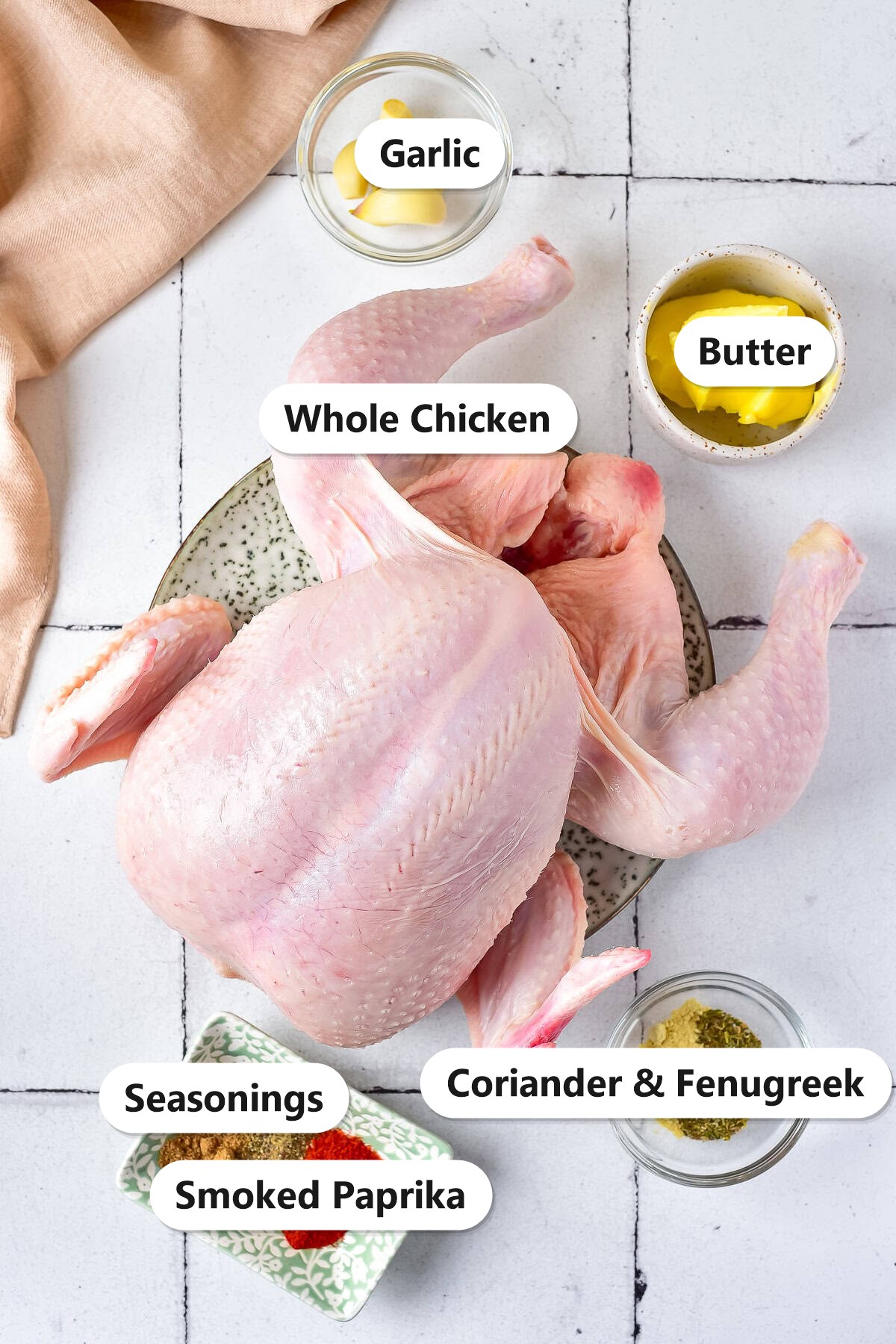 Labeled ingredients for roast chicken including a whole chicken, garlic, butter, smoked paprika, seasonings, coriander, and fenugreek.