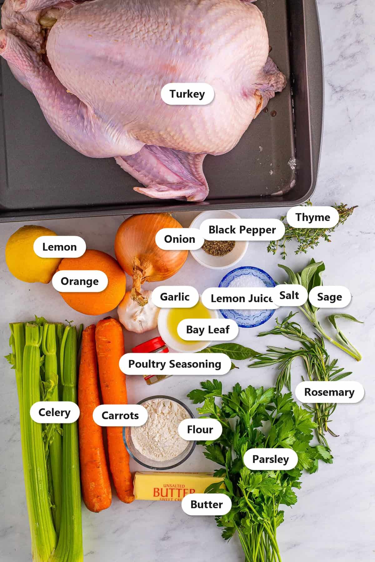 Labeled ingredients for roast turkey including the whole turkey, butter, fresh herbs, garlic, lemon, orange, and onion.