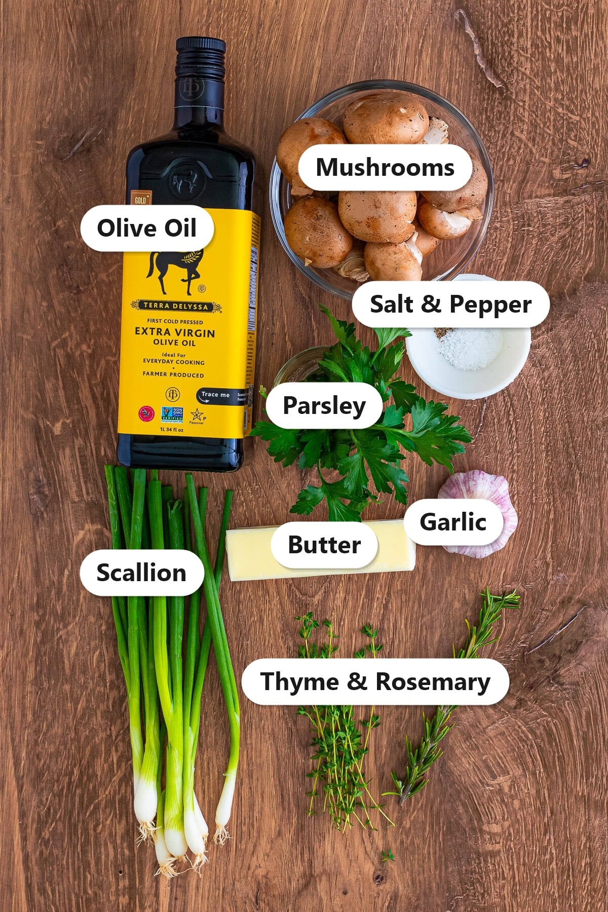 Labeled ingredients for roasted mushrooms: mushrooms, olive oil, salt and pepper, parsley, butter, garlic, scallion, thyme, and rosemary.