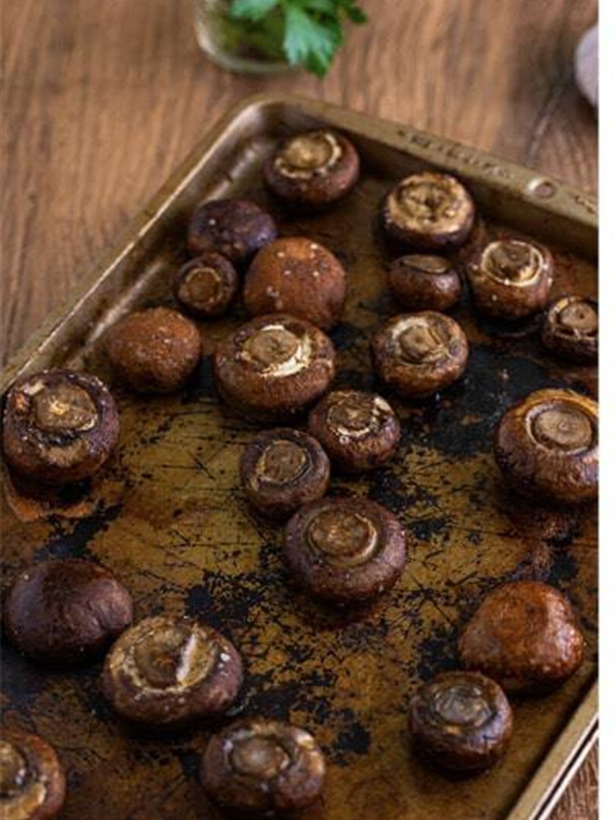 Roasted mushrooms on a sheet tray.