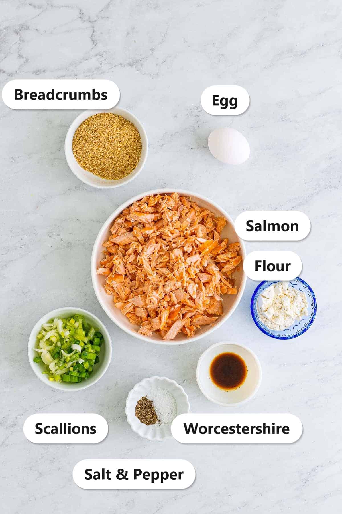 Labeled ingredients to make salmon patties recipe including canned salmon, breadcrumbs, egg, scallions, flour, Worcestershire sauce, and salt and pepper.