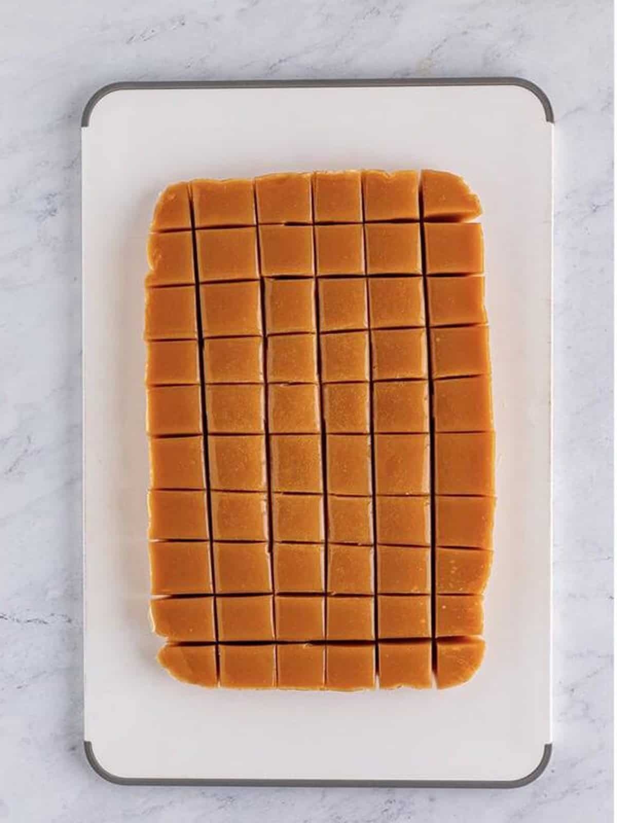 Set caramel cut into squares for salted caramels.