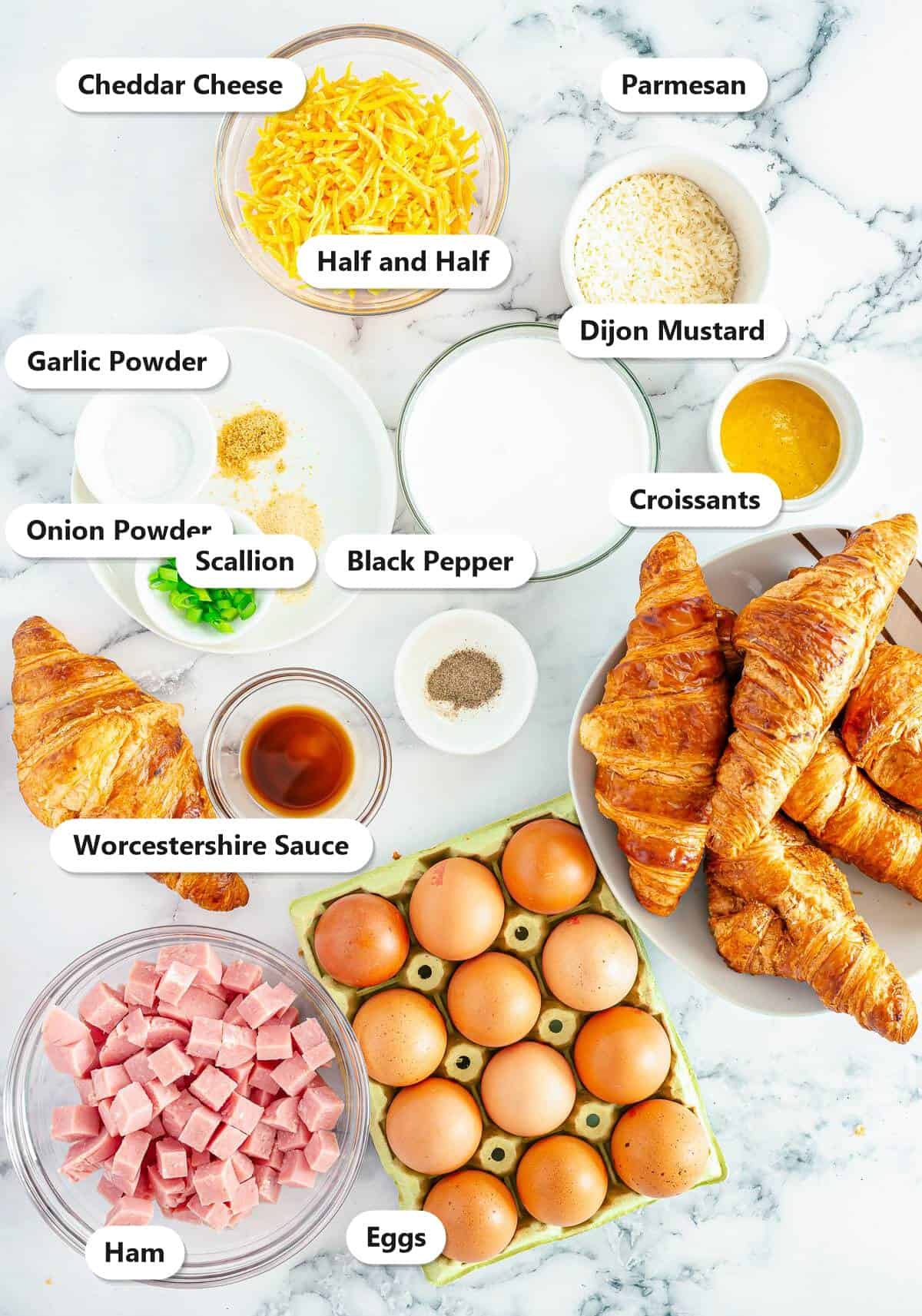 Labeled ingredients for ham and cheese savory bread pudding including croissants, cheddar cheese, parmesan, ham, eggs, half and half, dijon mustard, Worcestershire sauce, garlic powder, onion powder, black pepper, and scallion.
