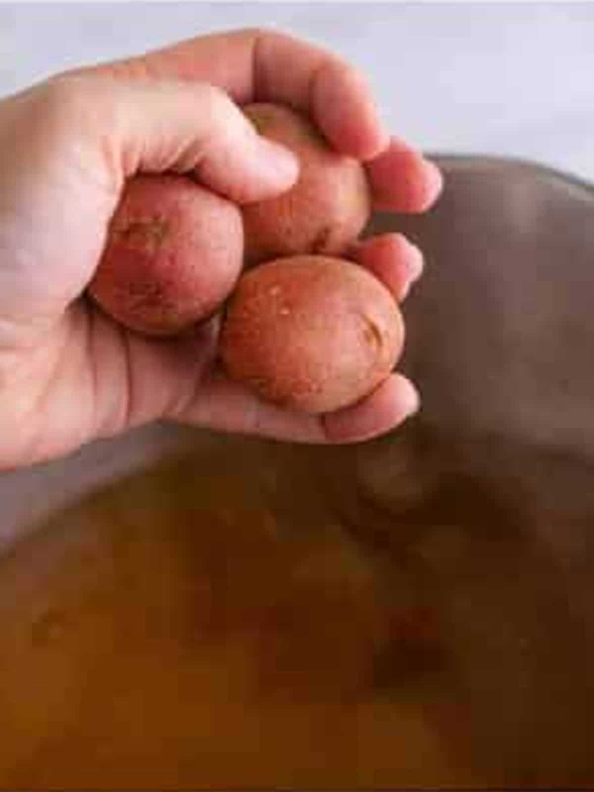 Baby red potatoes added to the boiling seasoned broth for shrimp boil.