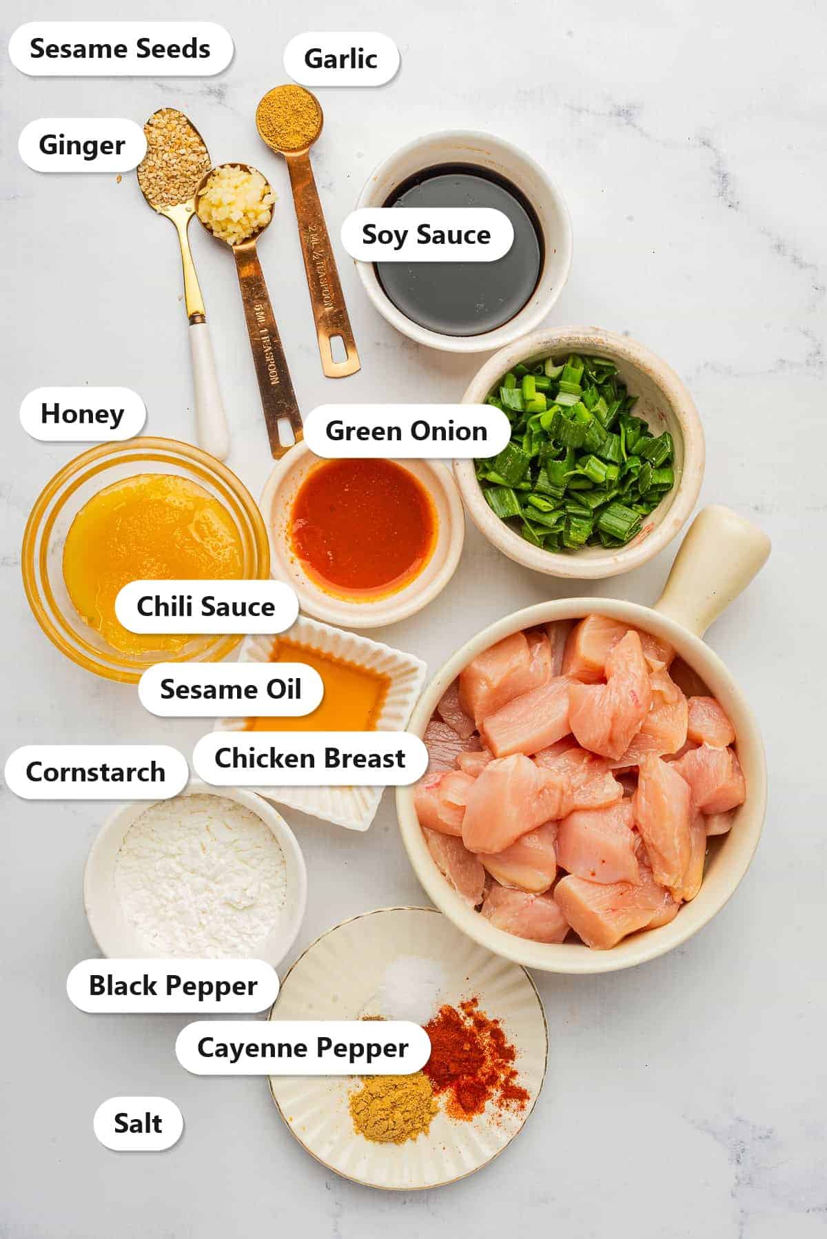 Labeled ingredients for sesame chicken including chicken breast, cornstarch, honey, soy sauce, chili sauce, fresh ginger, garlic, and sesame oil.