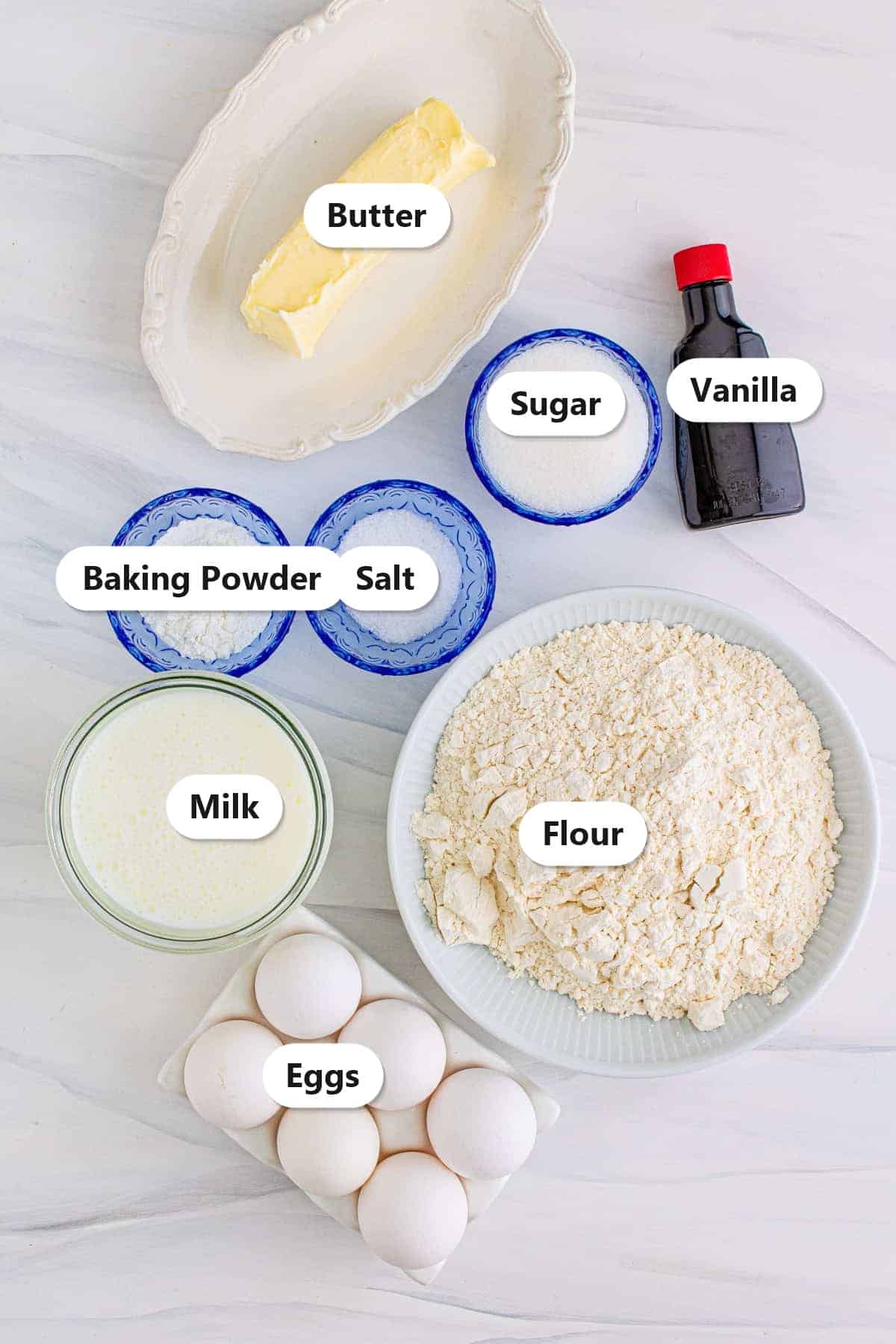 Labeled ingredients for sheet pan pancakes including flour, eggs, milk, butter, sugar, baking powder, and vanilla.