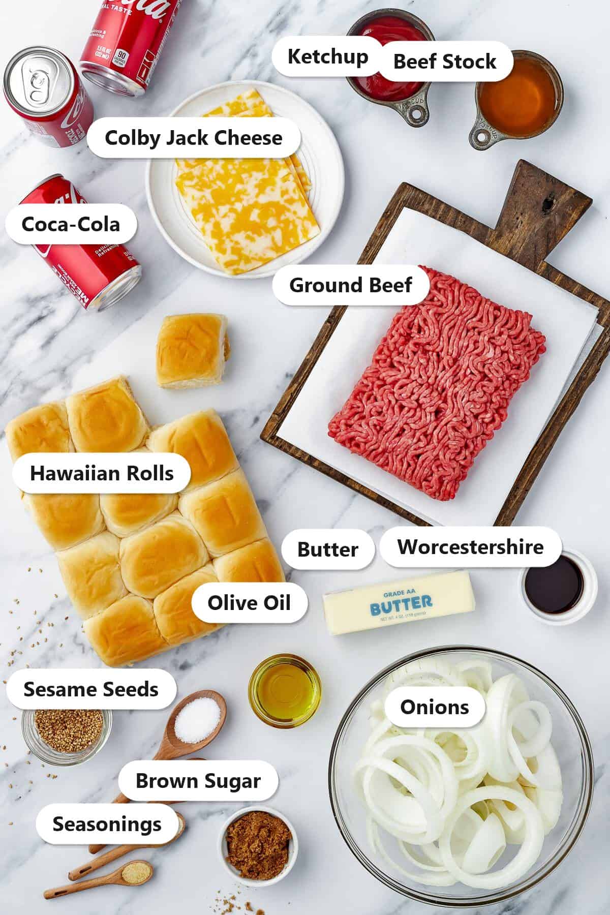 Labeled ingredients for sloppy joe sliders including ground beef, Hawaiian rolls, colby jack cheese, onions, Coca-Cola, ketchup, Worcestershire, beef stock, butter, and seasonings.