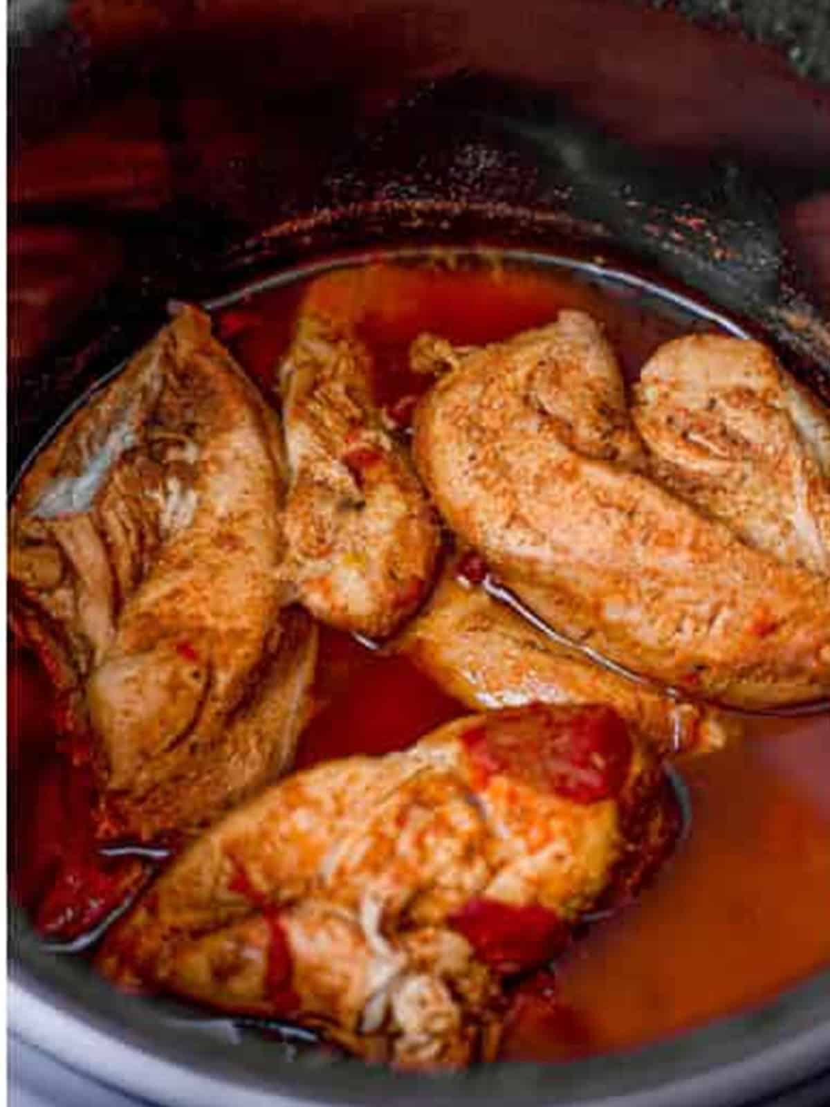 Fork tender chicken fully cooked in the slow cooker for shredded chicken burritos.