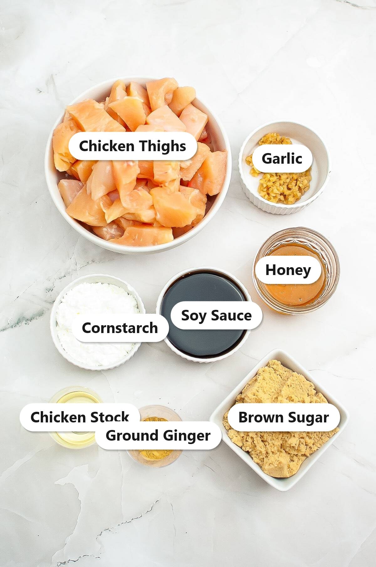 Labeled ingredients for slow cooker chicken teriyaki including chicken thighs, garlic, honey, soy sauce, cornstarch, chicken stock, ground ginger, and brown sugar.