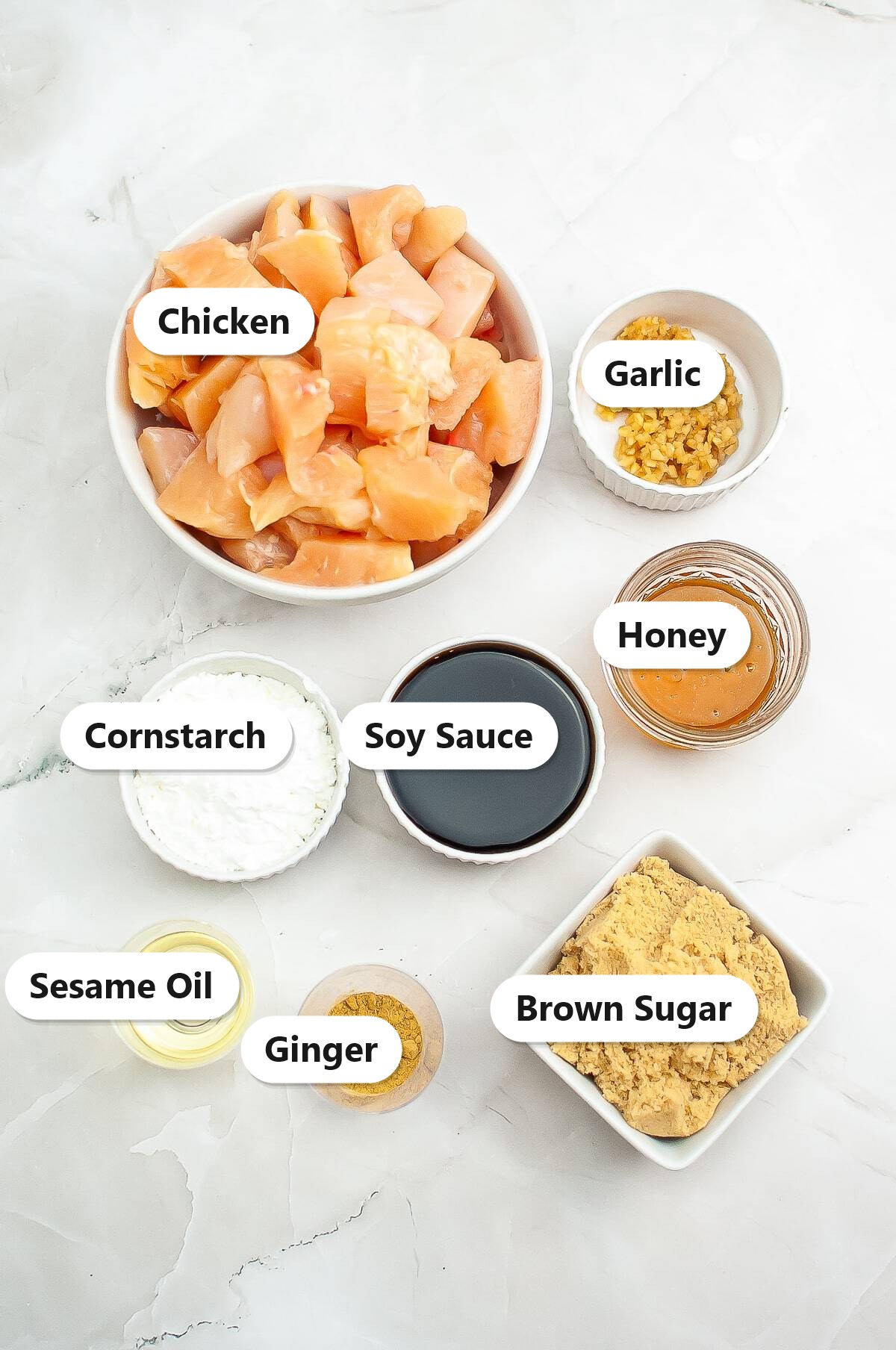 Labeled ingredients for Slow Cooker Chicken Teriyaki including chicken, soy sauce, honey, and ginger.