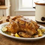 A golden slow cooker lemon pepper chicken on a white platter with lemon wedges and fresh herbs.