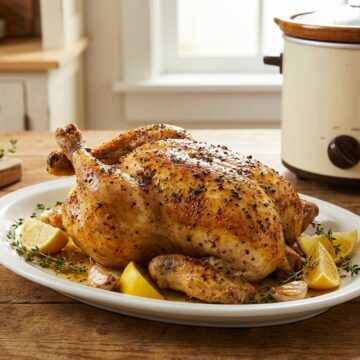 A golden slow cooker lemon pepper chicken on a white platter with lemon wedges and fresh herbs.