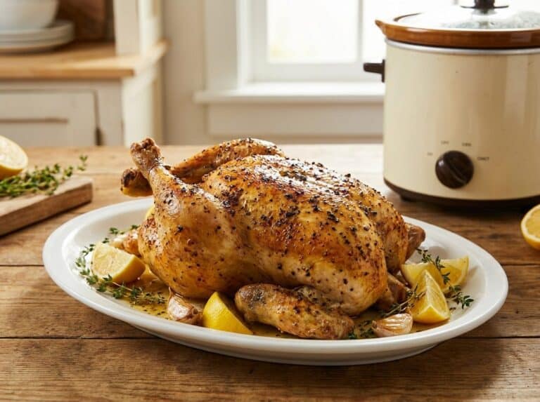 A golden slow cooker lemon pepper chicken on a white platter with lemon wedges and fresh herbs.