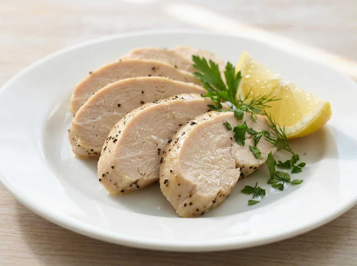 Sliced slow cooker lemon pepper chicken on a white plate with a lemon wedge.
