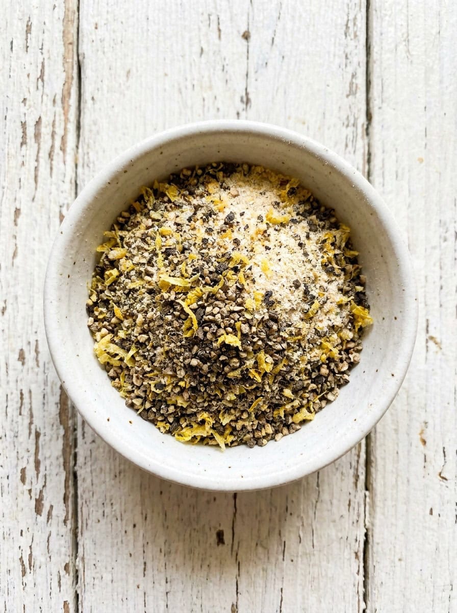 Lemon pepper seasoning, garlic powder, and onion powder mixed together in a white bowl.
