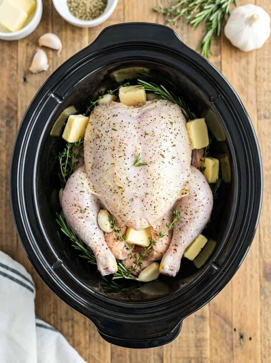 A seasoned whole chicken in a slow cooker crock with pats of butter and fresh herbs.