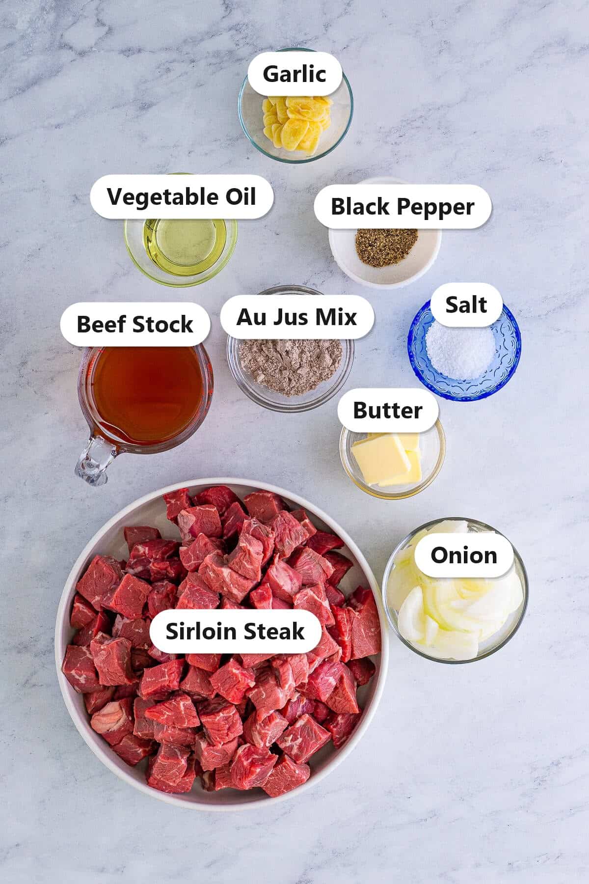 Labeled ingredients for slow cooker steak bites including sirloin steak, beef stock, au jus mix, butter, onion, garlic, oil, salt, and pepper.