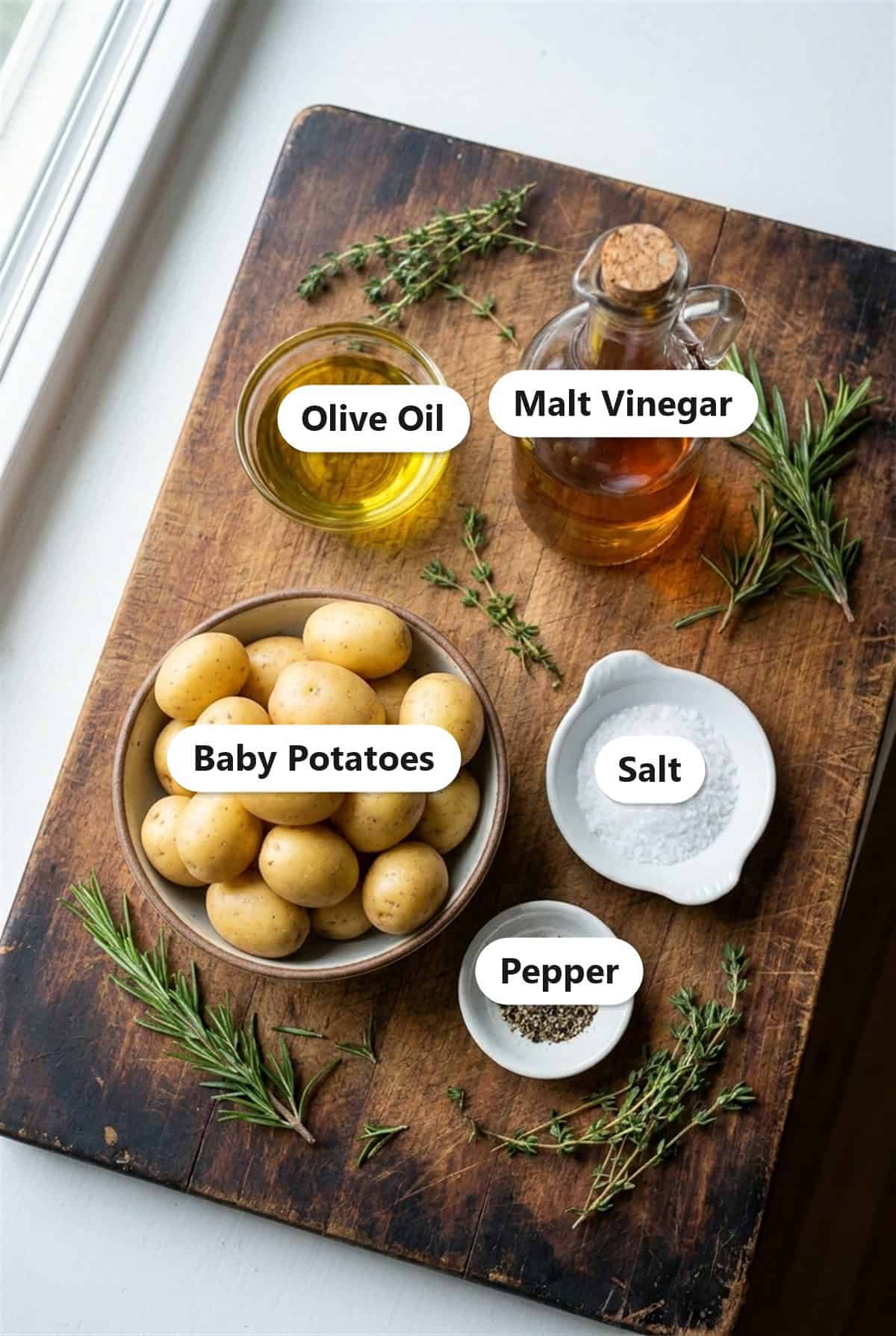 Smashed Potatoes ingredients including baby gold potatoes, olive oil, malt vinegar, salt, and pepper labeled on a wood board.