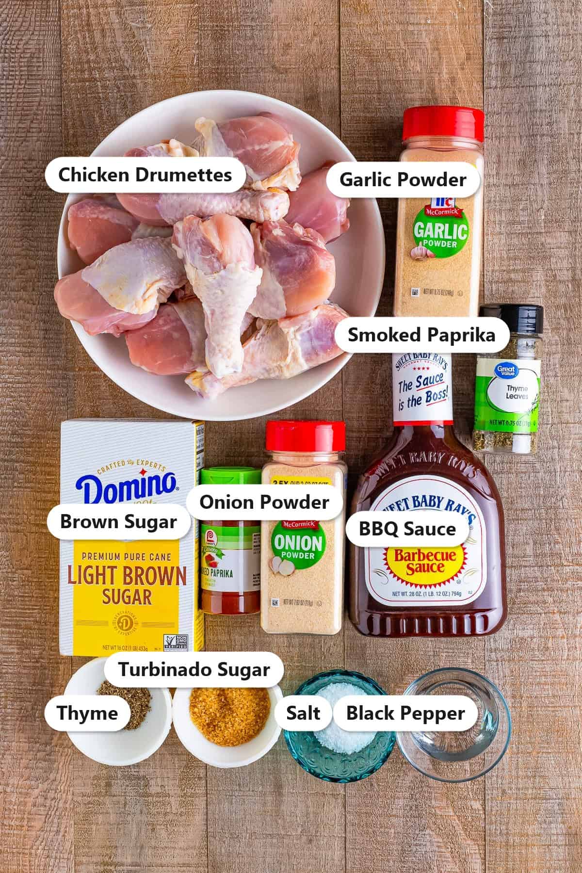 Labeled smoked chicken legs ingredients including chicken drumettes, brown sugar, smoked paprika, BBQ sauce, and spices.