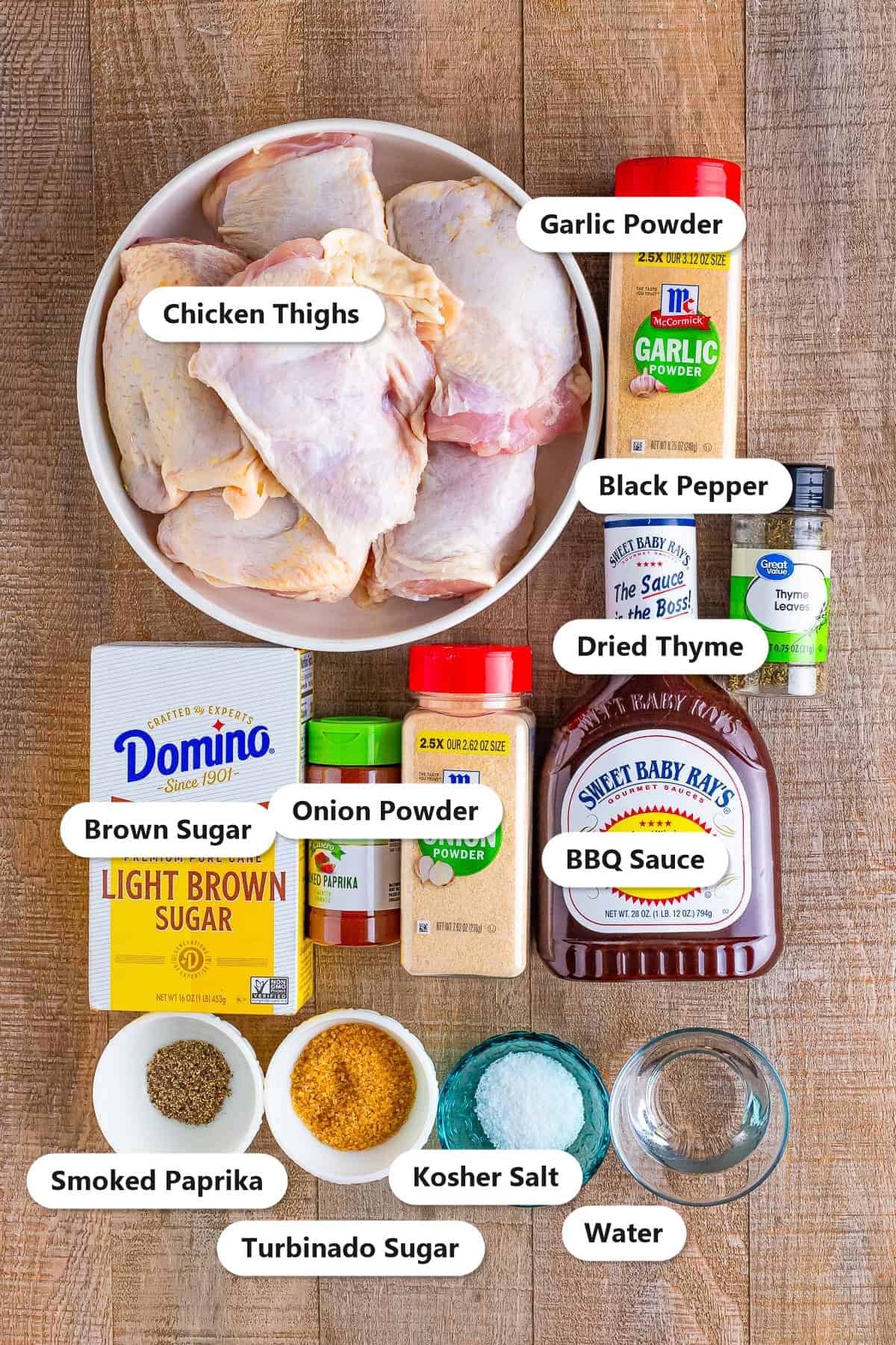 Smoked Chicken Thighs ingredients labeled: chicken thighs, brown sugar, turbinado sugar, smoked paprika, garlic powder, onion powder, salt, pepper, thyme, and BBQ sauce.