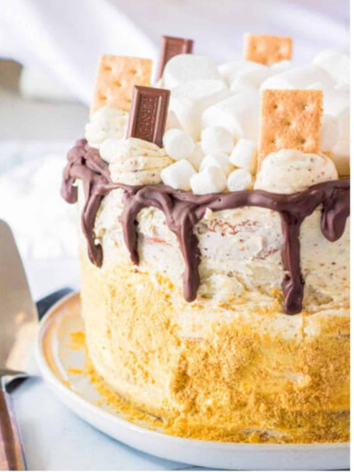 Finished s'mores cake with chocolate ganache drip, graham crackers, and marshmallows on top.
