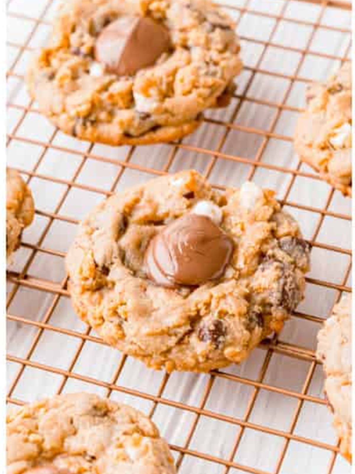 Baked s'mores cookies topped with melted chocolate wafers on a rack.
