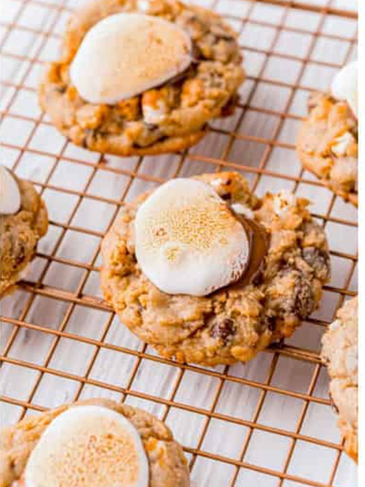 Torched golden marshmallow fluff on top of the s'mores cookies.