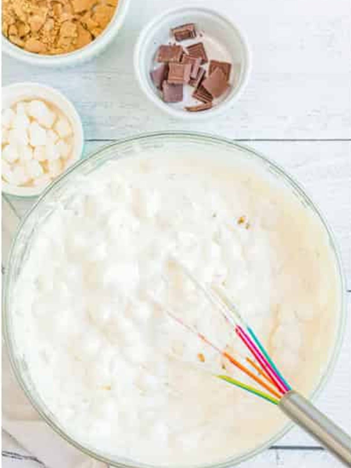 The no churn smores ice cream base folded together until thick and creamy.