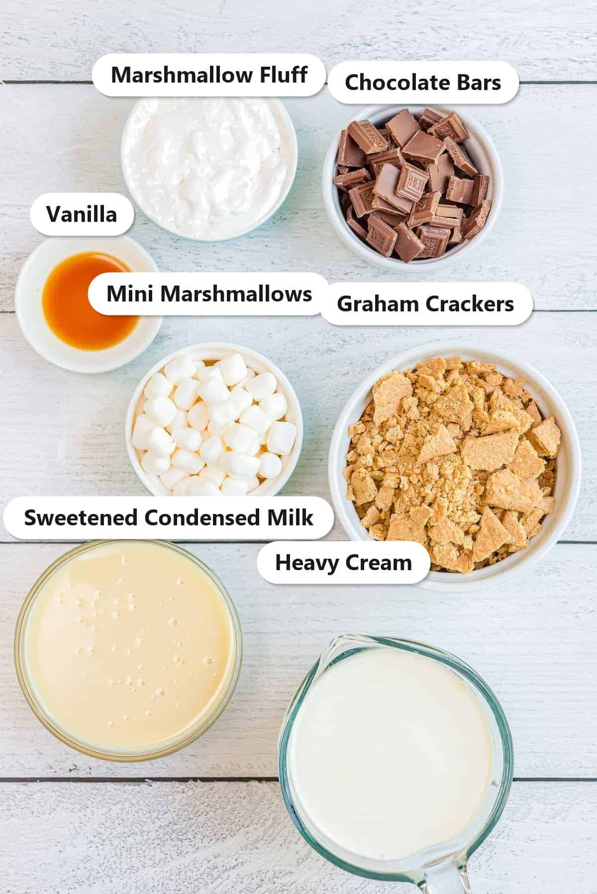 Labeled no churn smores ice cream ingredients including sweetened condensed milk, heavy cream, marshmallow fluff, graham crackers, mini marshmallows, chocolate bars, and vanilla.