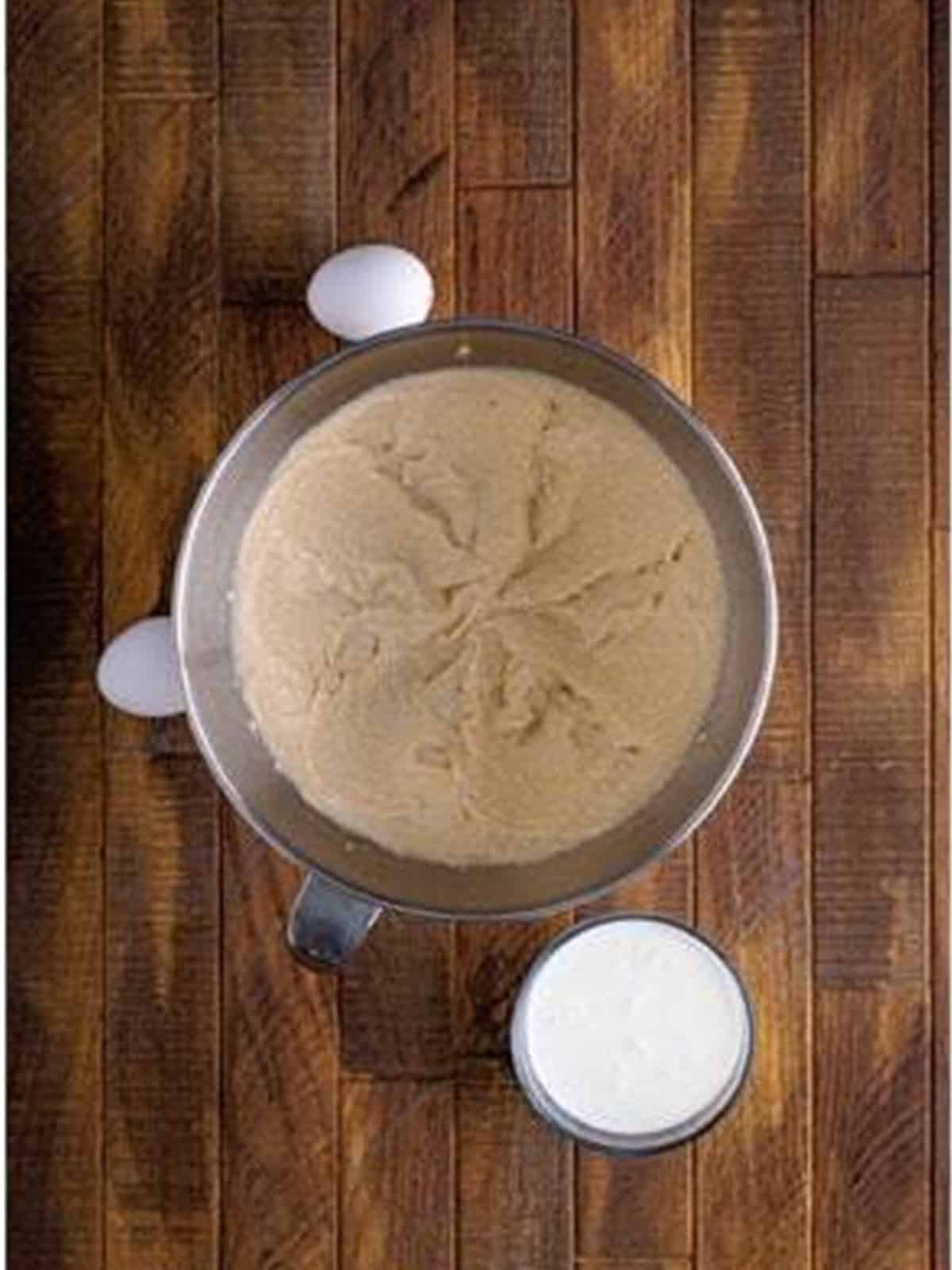 Creaming butter, oil, and brown sugar in a stand mixer for whoopie pie batter.