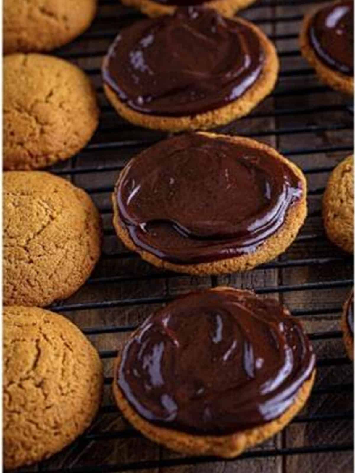 Chocolate ganache spread on the bottoms of whoopie pie cookies.