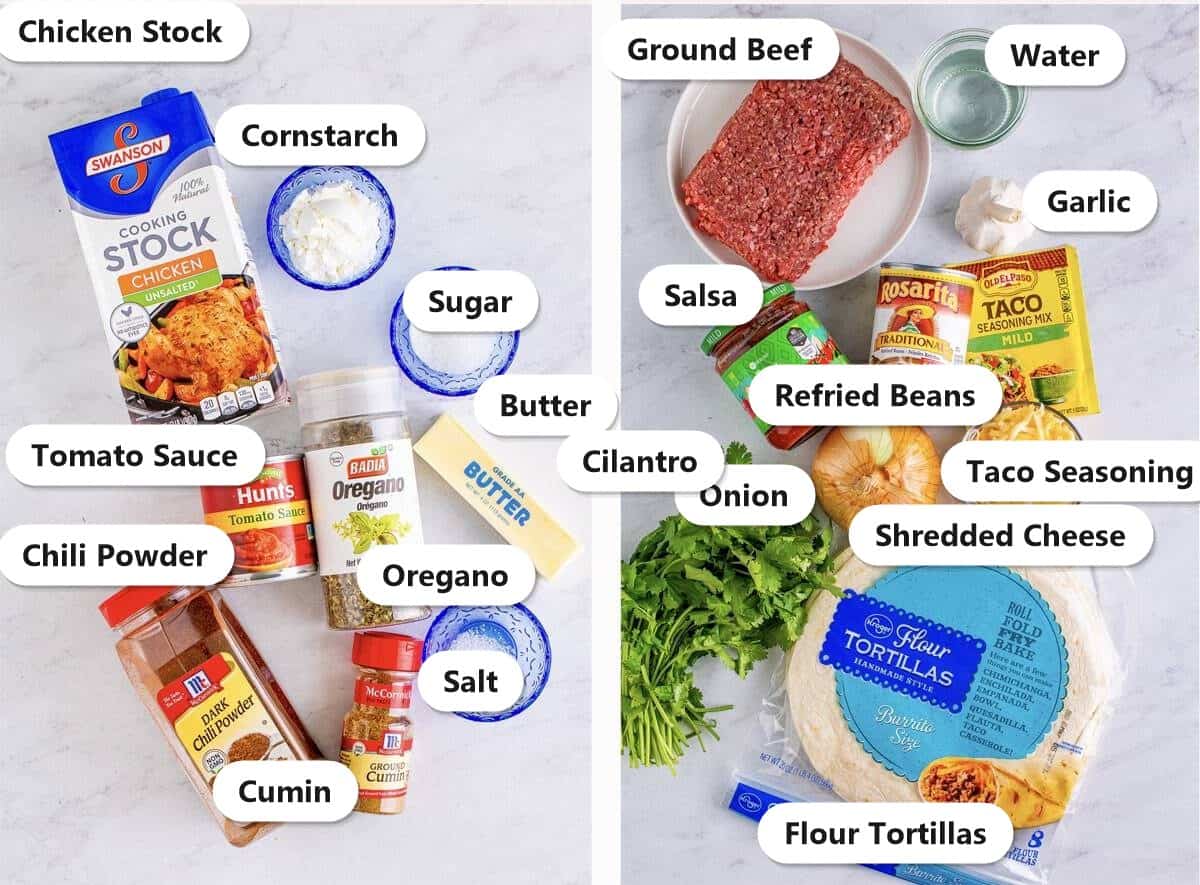 Labeled ingredients for smothered beef burritos including ground beef, refried beans, tortillas, cheese, onion, and the red sauce spices.