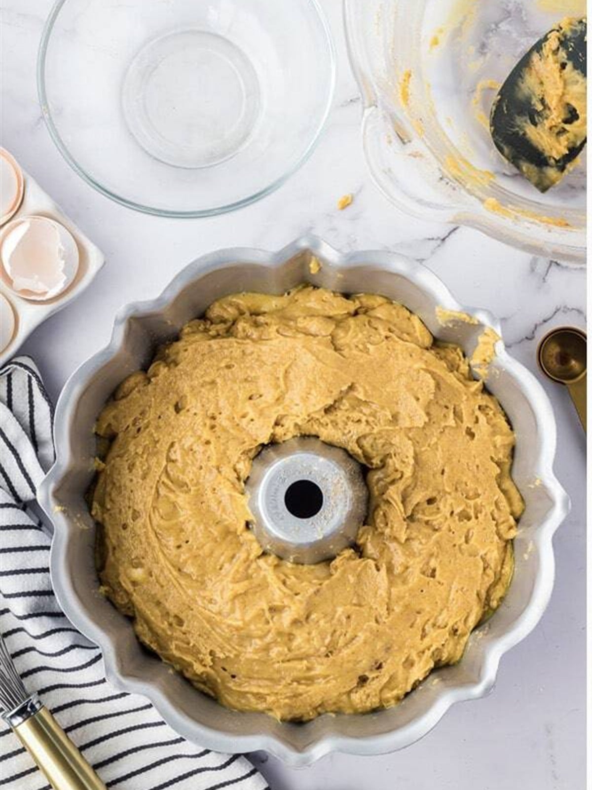 Remaining batter added on top in the Bundt pan.
