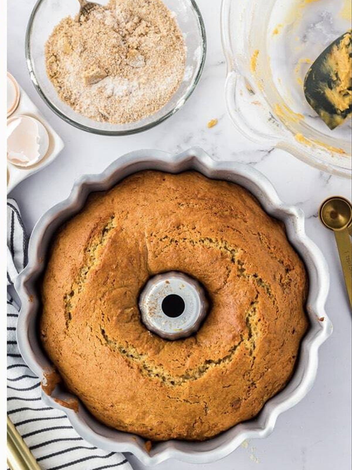 Baked snickerdoodle Bundt cake in the pan.