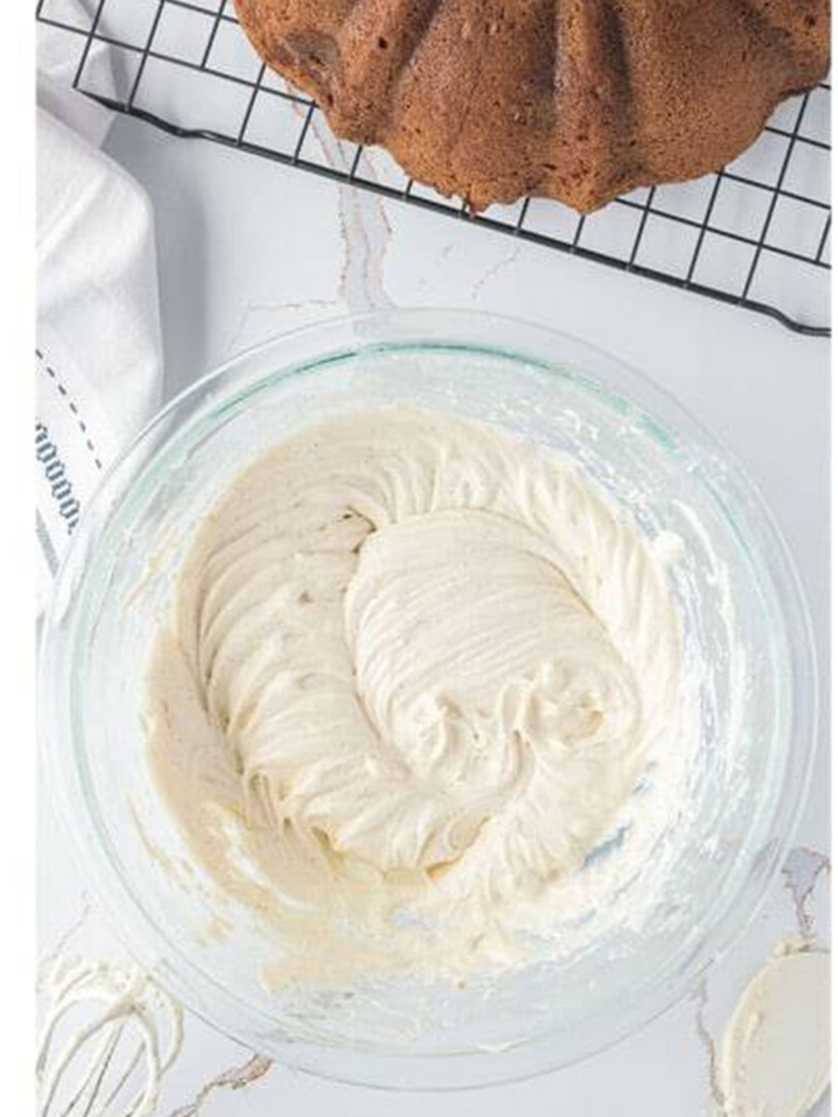Cream cheese glaze mixed smooth and thinned with milk to pouring consistency.