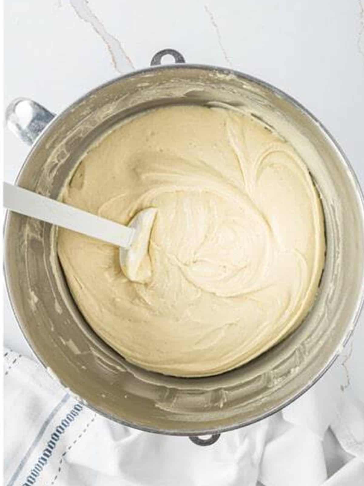 Finished sour cream coffee cake batter mixed smooth and creamy.