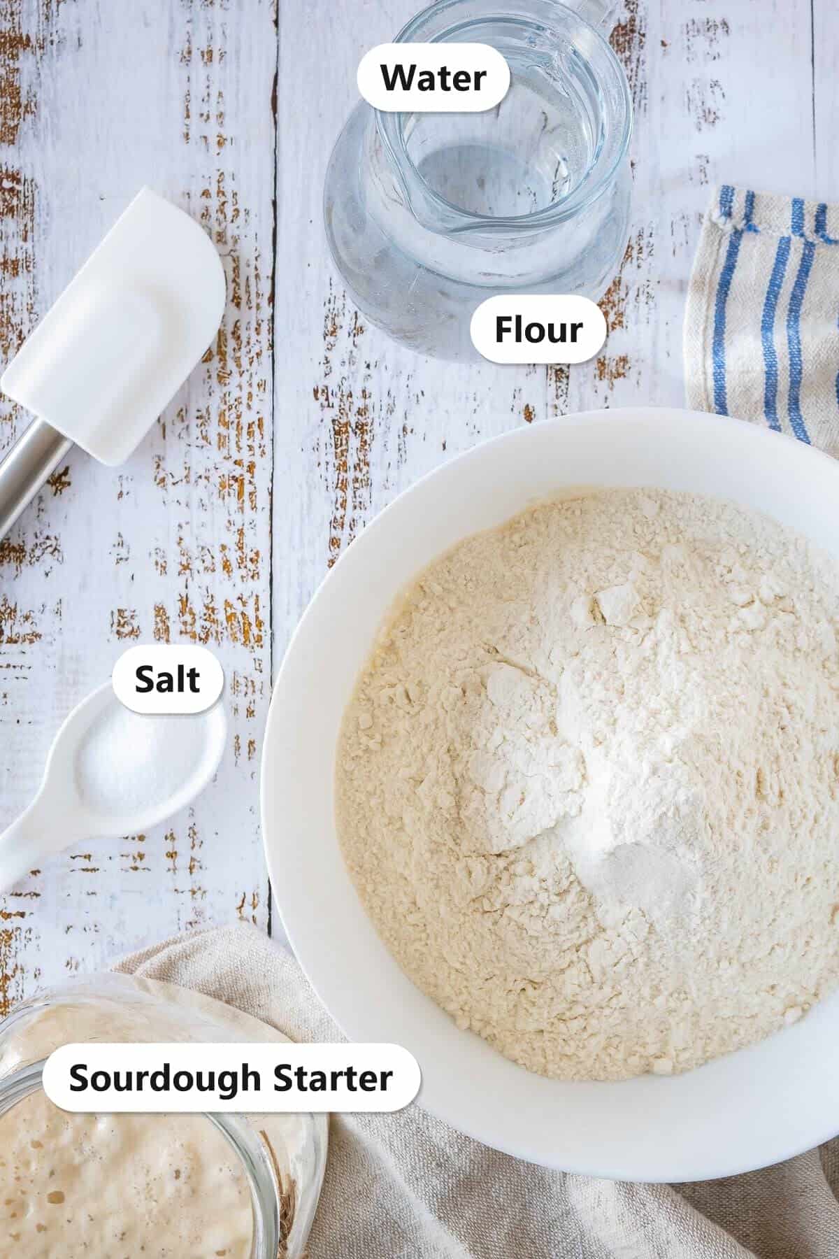 Labeled ingredients for sourdough bread recipe including flour, water, salt, and active sourdough starter.
