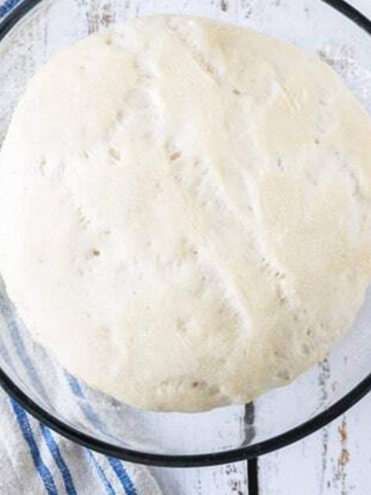 Bubbly risen sourdough dough after proofing for sourdough bread recipe.