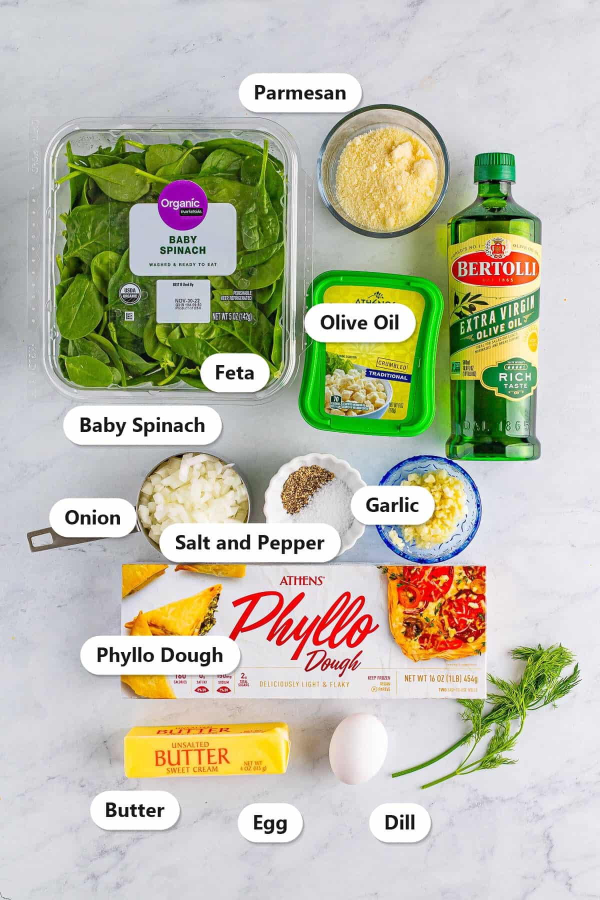 Labeled ingredients for spanakopita triangles including spinach, feta, Parmesan, phyllo dough, butter, onion, garlic, egg, dill, olive oil, and seasonings.